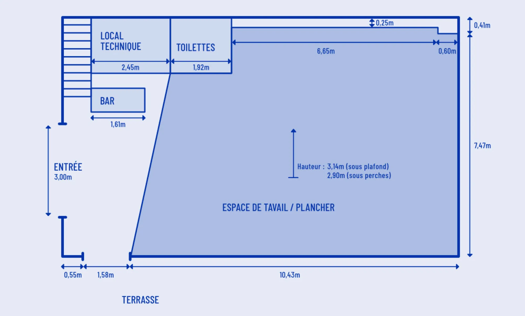 Plan de l'espace de résidence : espace de travail et plancher de 6,65 mètres sur 7,47 mètres, local technique, toilettes, bar, entrée et terrasse